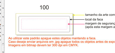 Gabarito aberto, com as linhas de tamanho da arte, faca e margem de segurança
